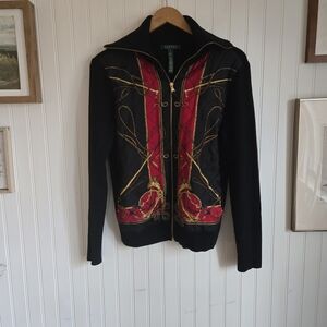 Lauren Ralph Lauren Chic Black Quilted Jacket with Red & Gold Silk Pattern